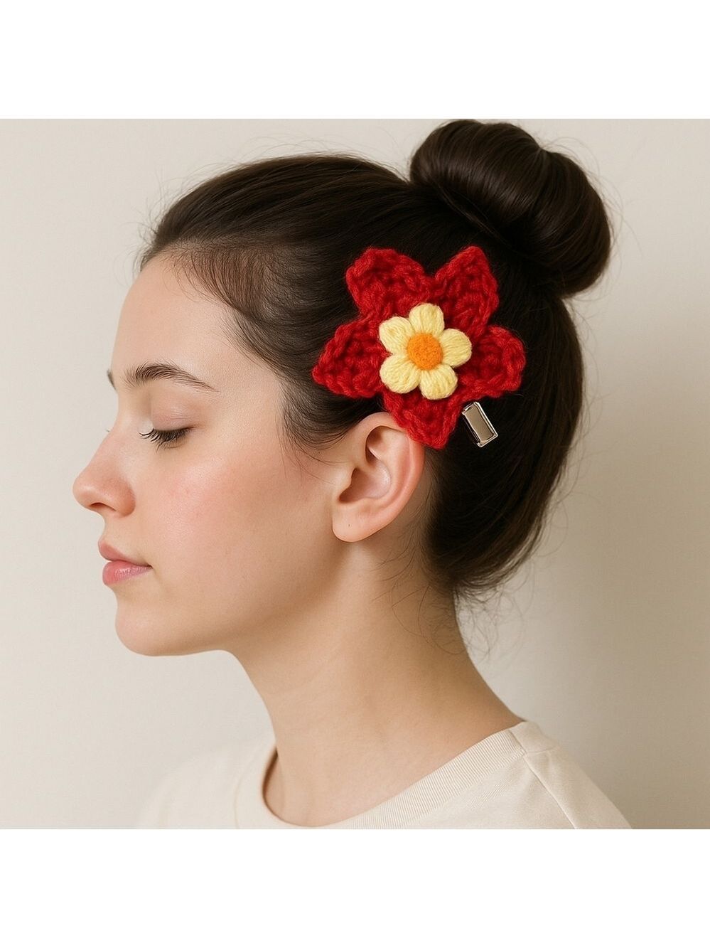 Hand Knit Crochet Barrette Clip Red Floral Large